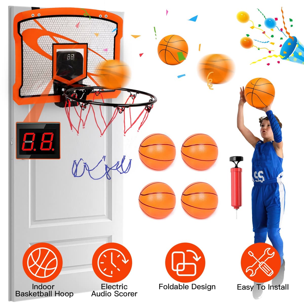 1Set Indoor Mini Basketball Hoop Set Over Door Basketball Hoop With 4 Inflatable Balls Electric Audio Scorer Foldable Basket Gift For Kids And Adults