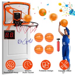1Set Indoor Mini Basketball Hoop Set Over Door Basketball Hoop With 4 Inflatable Balls Electric Audio Scorer Foldable Basket Gift For Kids And Adults thumbnail 1