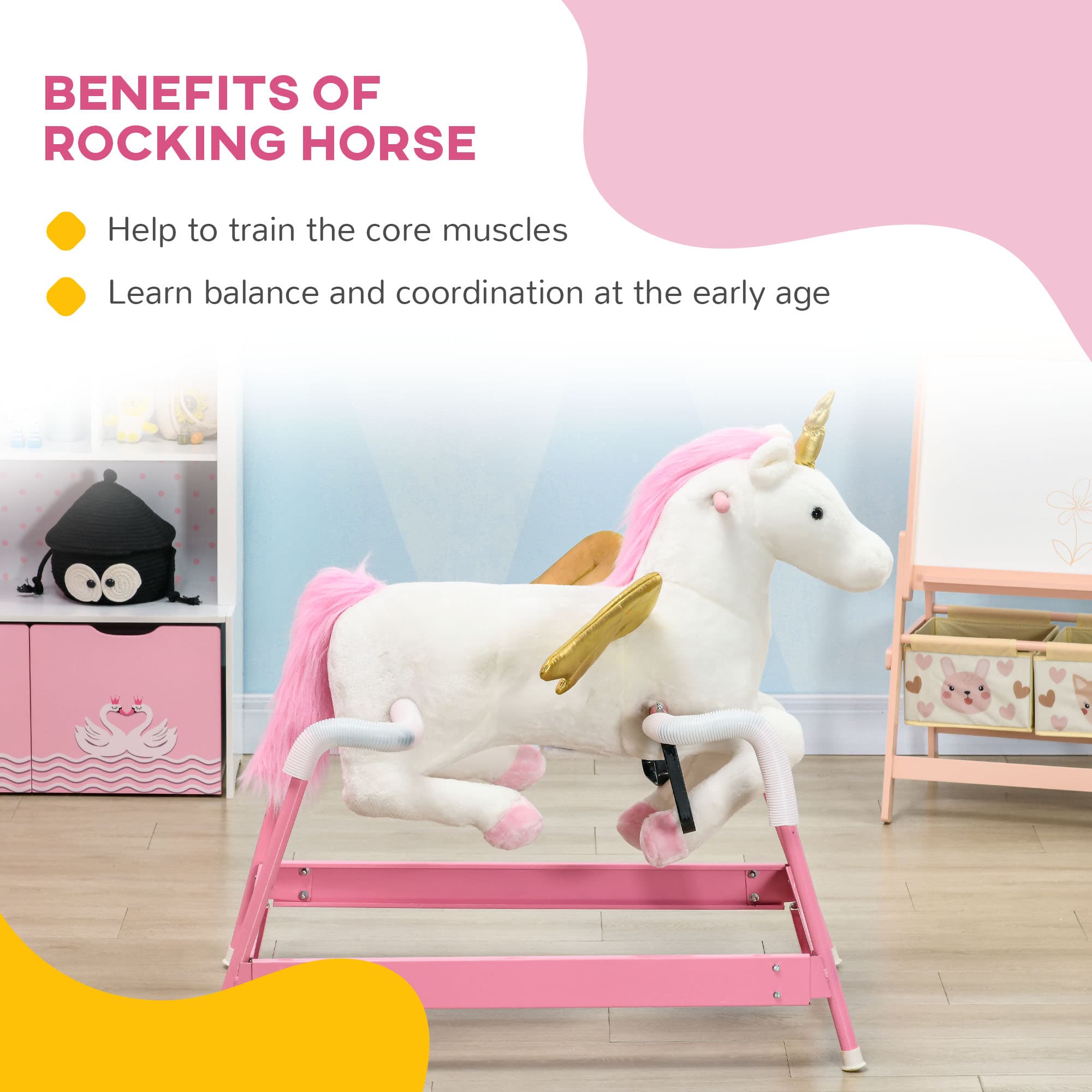 Kids Spring Rocking Horse Unicon, Ride on Horse for Girls and Boys with Sounds, Plush Animal Ride-on Toy with Soft Feel, Interactive Toy for Kids, Pink image 5