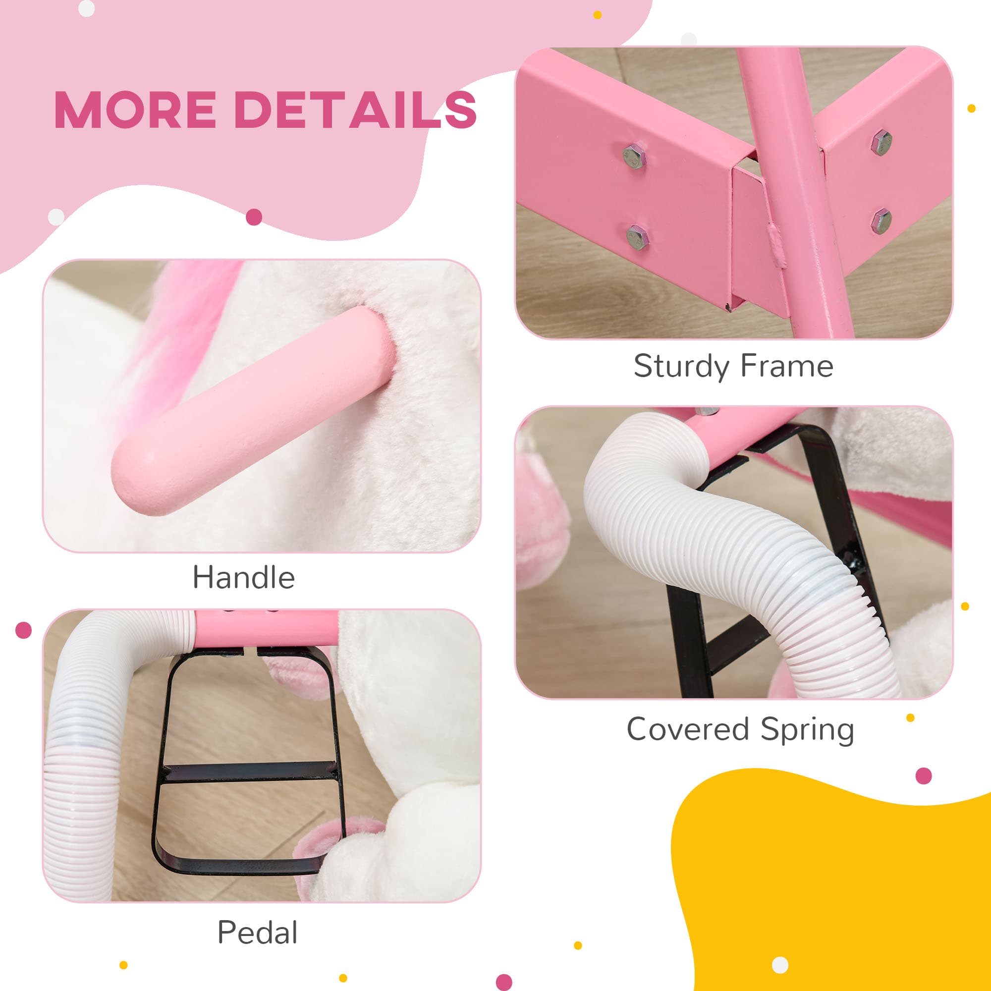 Kids Spring Rocking Horse Unicon, Ride on Horse for Girls and Boys with Sounds, Plush Animal Ride-on Toy with Soft Feel, Interactive Toy for Kids, Pink image 6