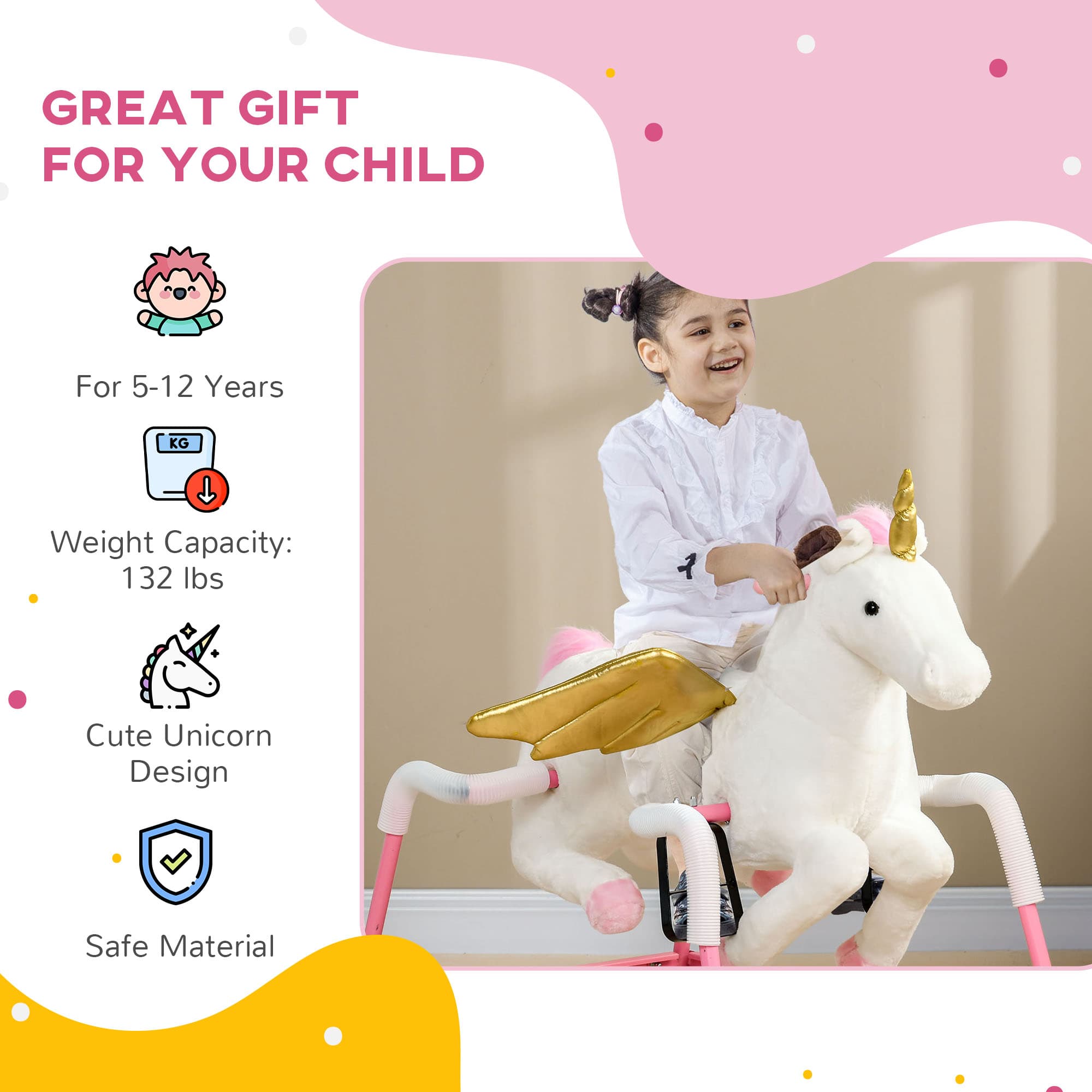 Kids Spring Rocking Horse Unicon, Ride on Horse for Girls and Boys with Sounds, Plush Animal Ride-on Toy with Soft Feel, Interactive Toy for Kids, Pink image 7