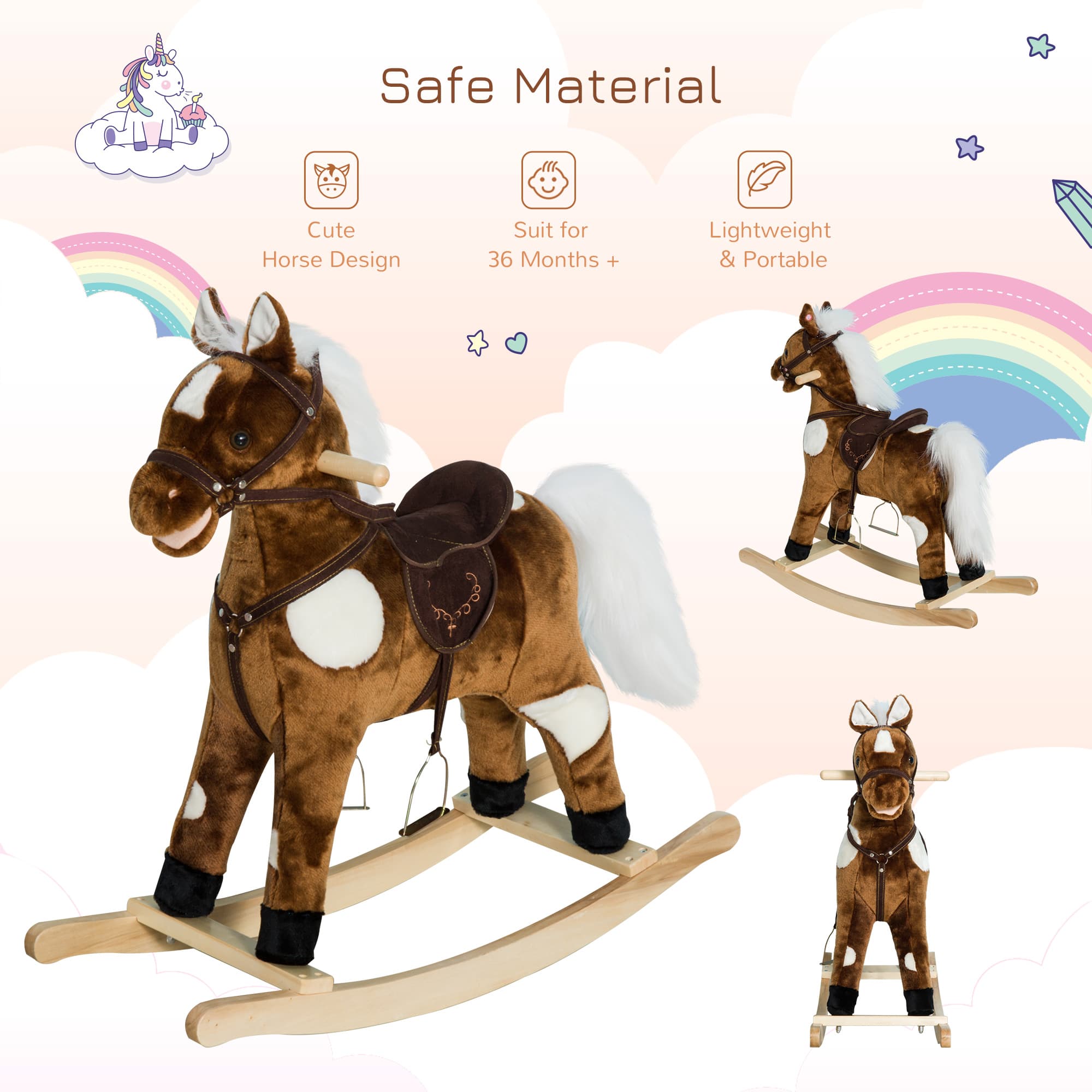 Kids Metal Plush Ride-On Rocking Horse Chair Toy With Nursery Rhyme Music - Dark Brown image 4