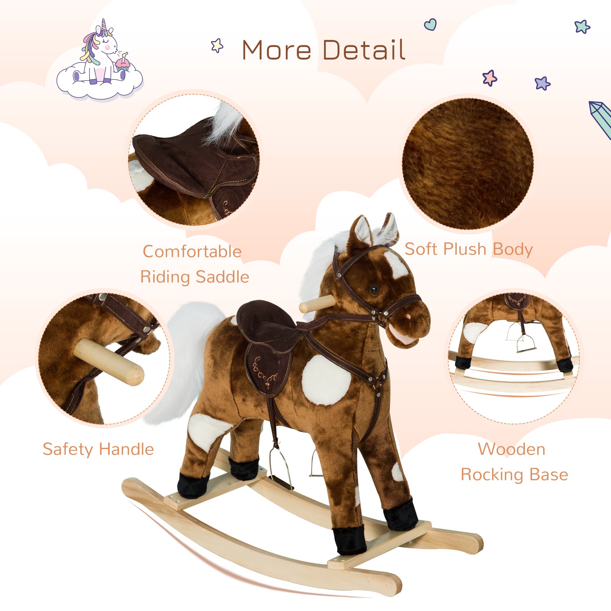 Kids Metal Plush Ride-On Rocking Horse Chair Toy With Nursery Rhyme Music - Dark Brown image 5