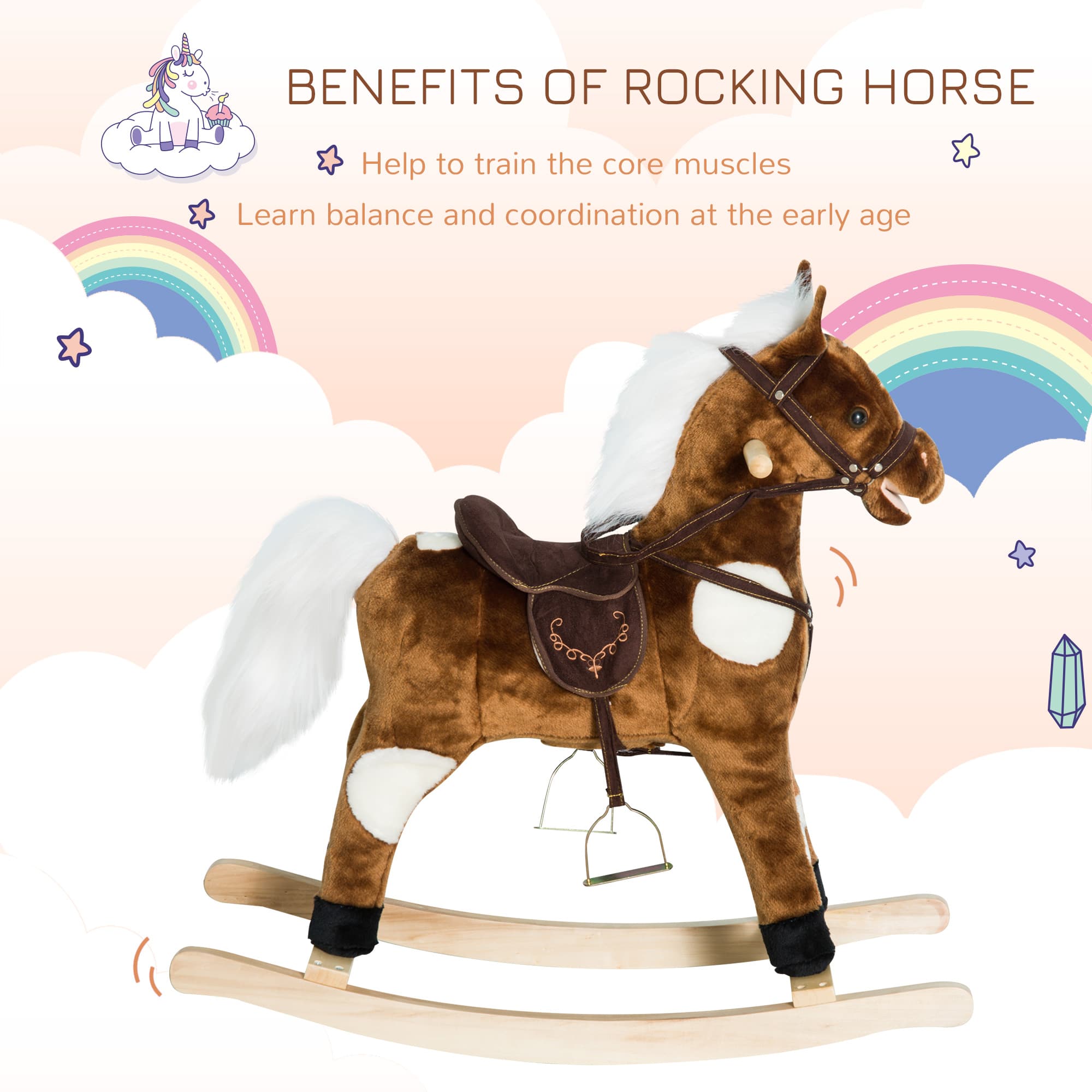 Kids Metal Plush Ride-On Rocking Horse Chair Toy With Nursery Rhyme Music - Dark Brown image 6