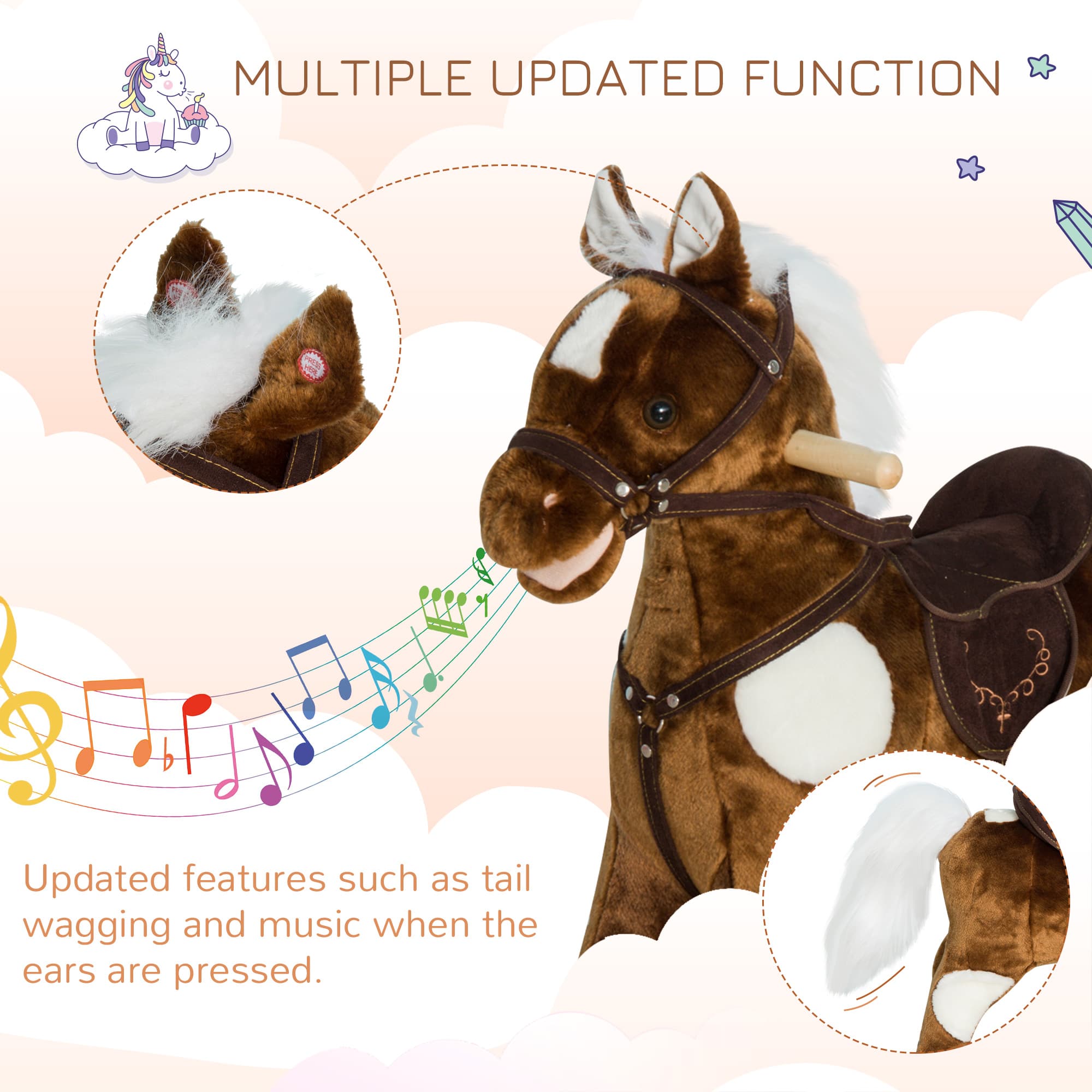 Kids Metal Plush Ride-On Rocking Horse Chair Toy With Nursery Rhyme Music - Dark Brown image 7