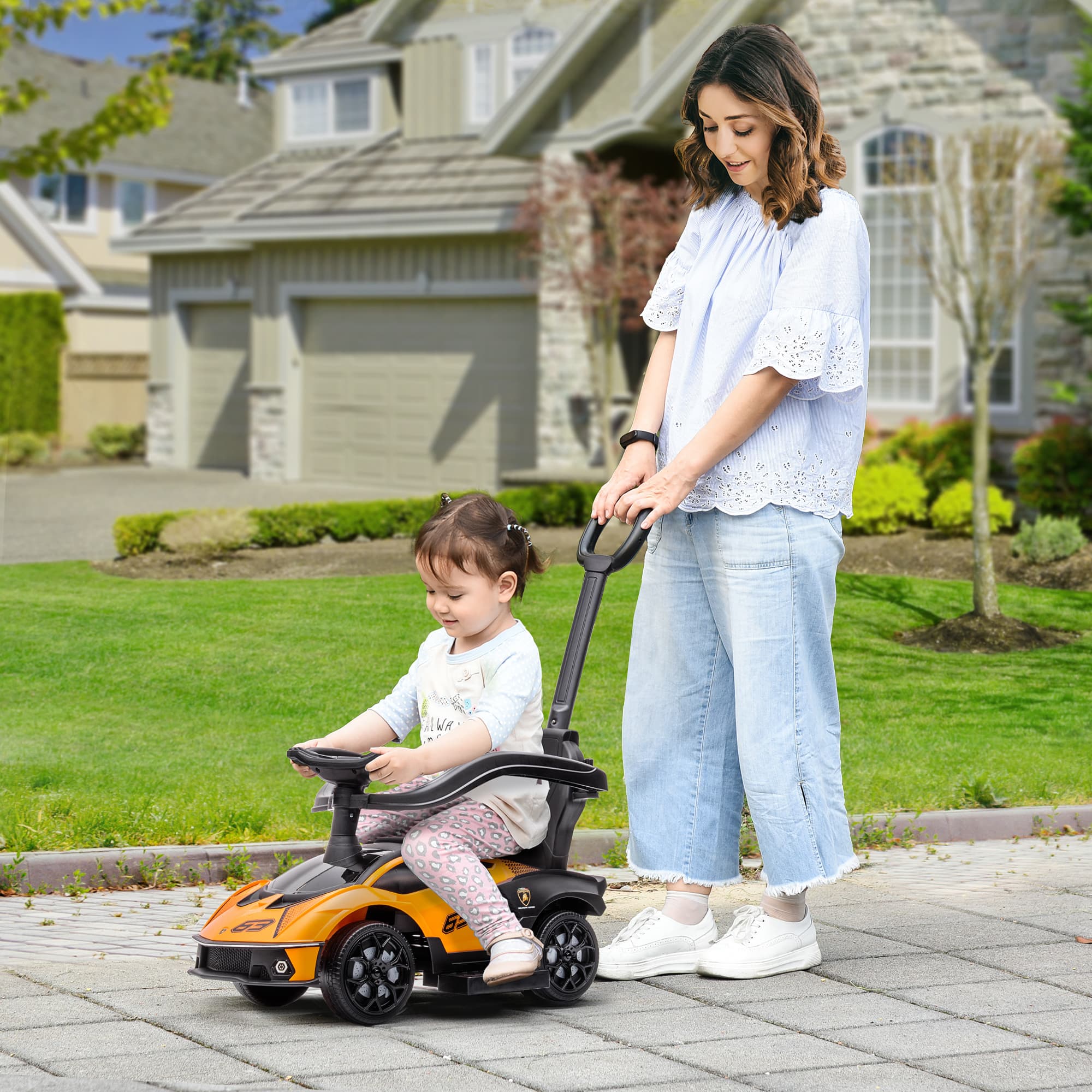 2-in-1 Ride On Push Car for Toddlers 1-3, Licensed Lamborghini Stroller Sliding Car, Push-Along with Under Seat Storage Horn Engine Sound and Steering Wheel, Manual, Orange