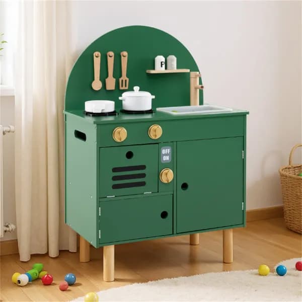 Kids Wooden Play Kitchen with Interactive Stove & Sink – Pretend Cooking Playset for Ages 3+, Green