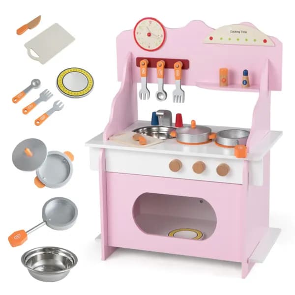 Pink Wooden Toddler Play Kitchen With Sink image 2