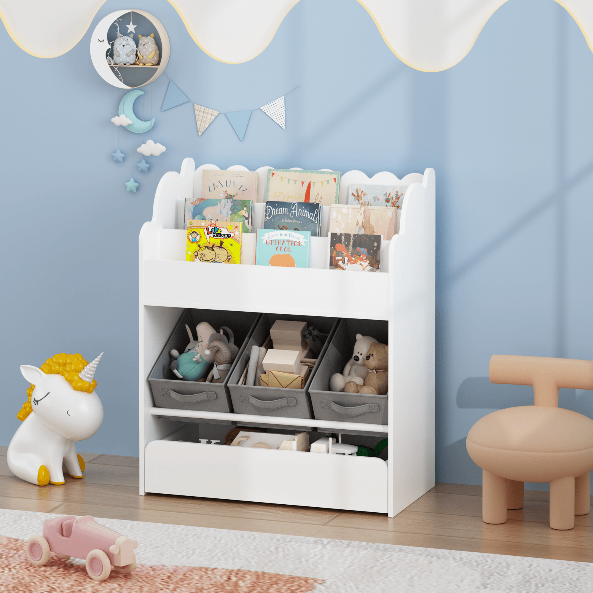 Kids Bookshelf With Storage Bins And Drawer image 11