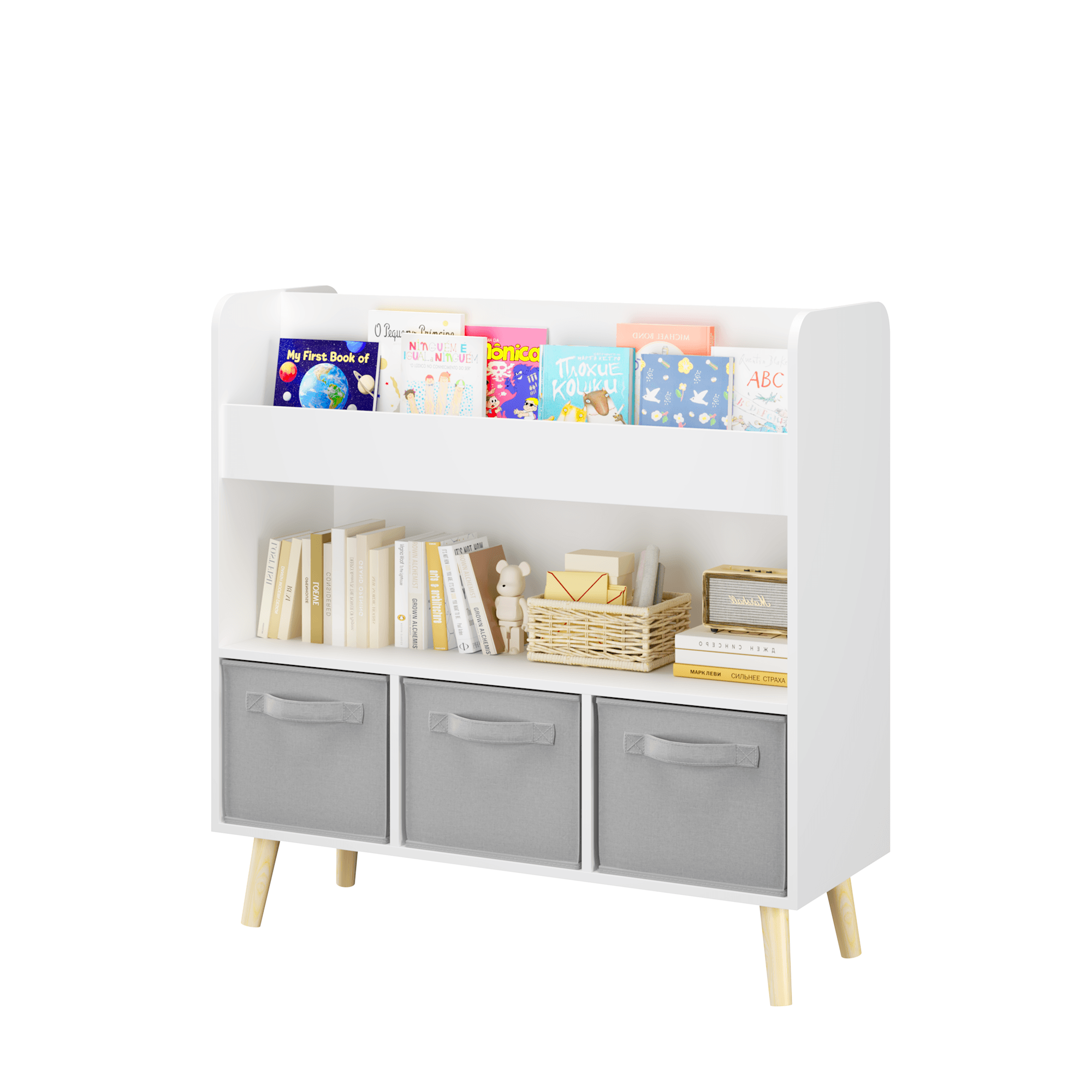 Kids Bookshelf With 3 Fabric Bins, Modern image 17