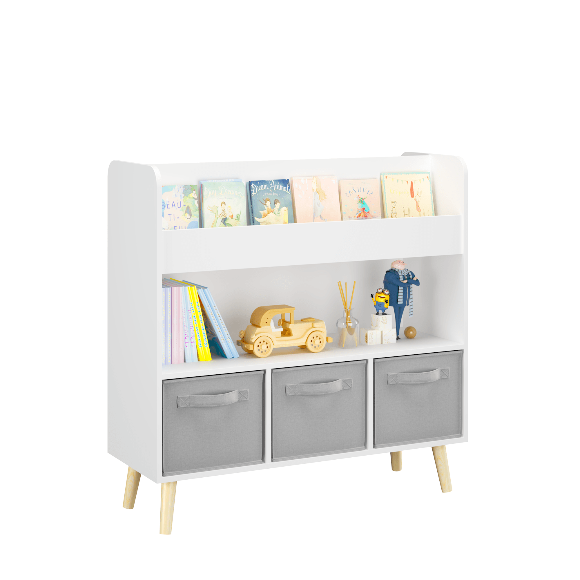 Kids Bookshelf With 3 Fabric Bins, Modern image 15
