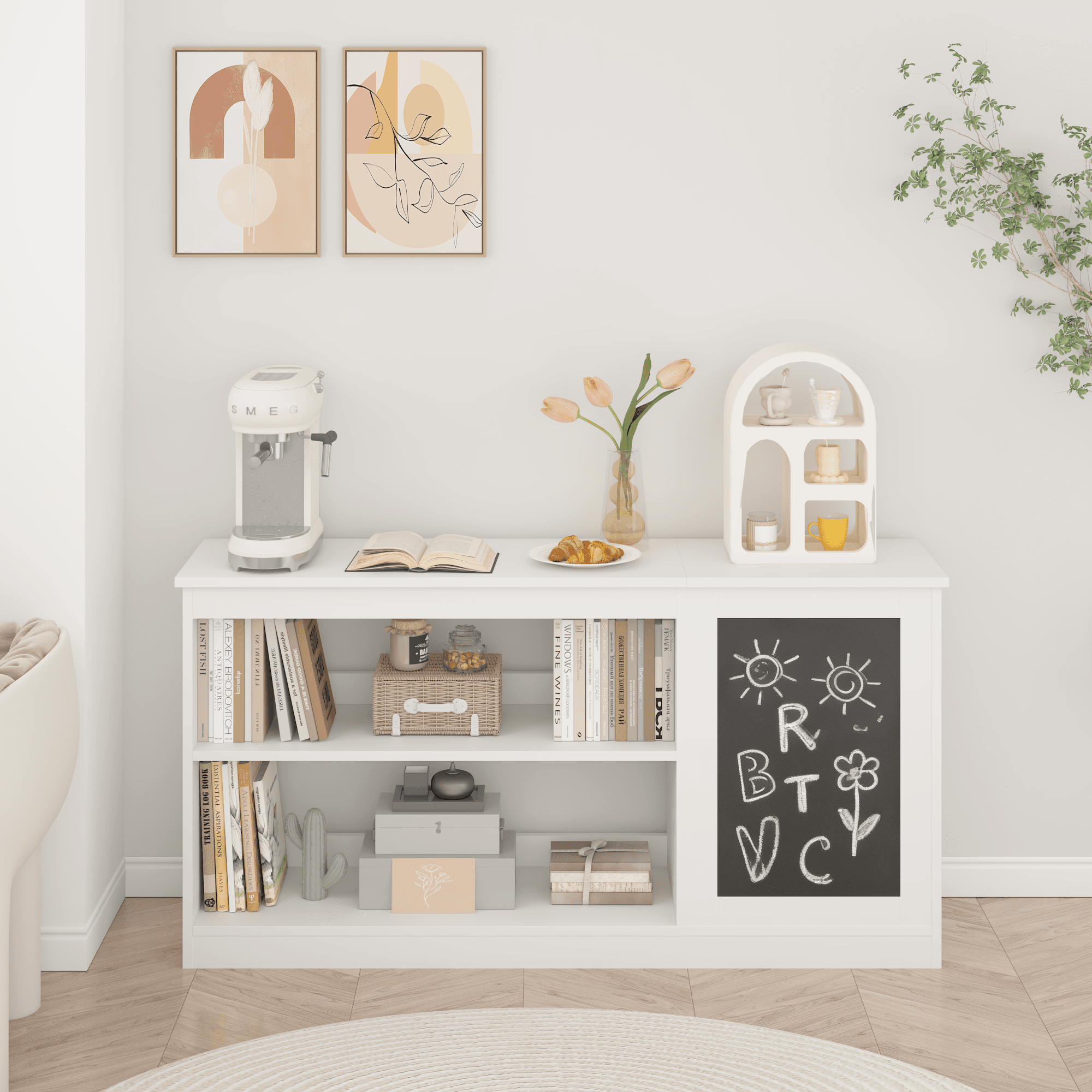 3-in-1 Kids Bookshelf And Toy Storage Cabinet With Chalkboard  Modern White Organizer For Playroom