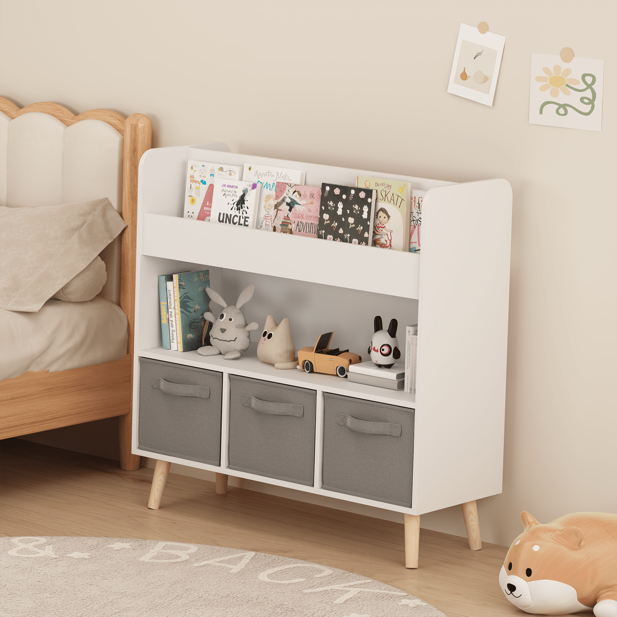 Kids Bookshelf With 3 Fabric Bins, Modern image 6