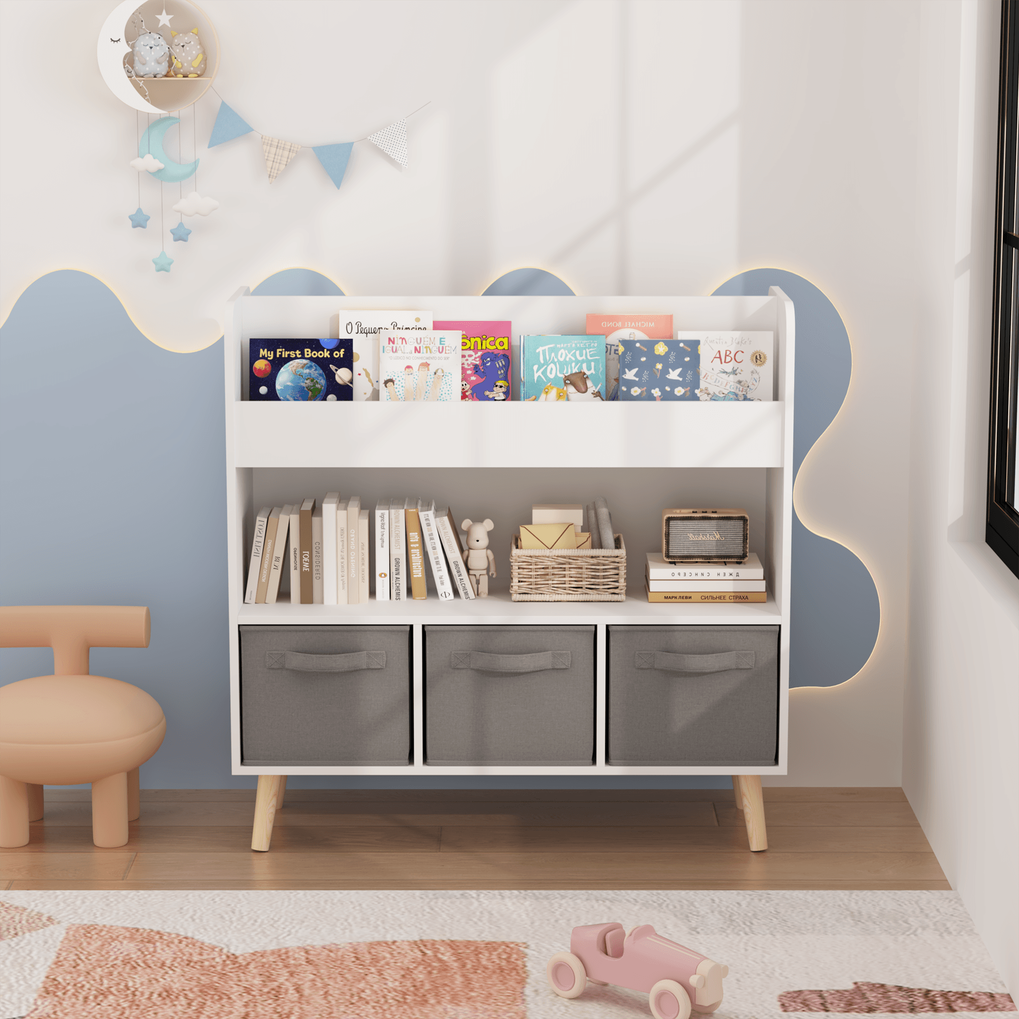 Kids Bookshelf With 3 Fabric Bins, Modern image 4
