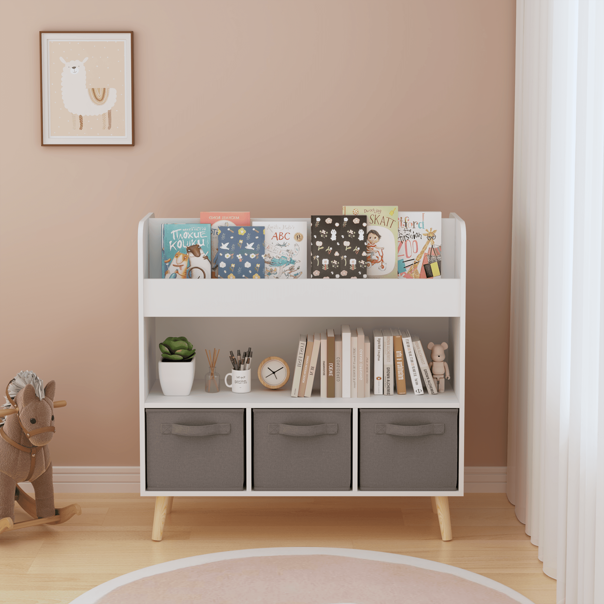 Kids Bookshelf With 3 Fabric Bins, Modern image 2