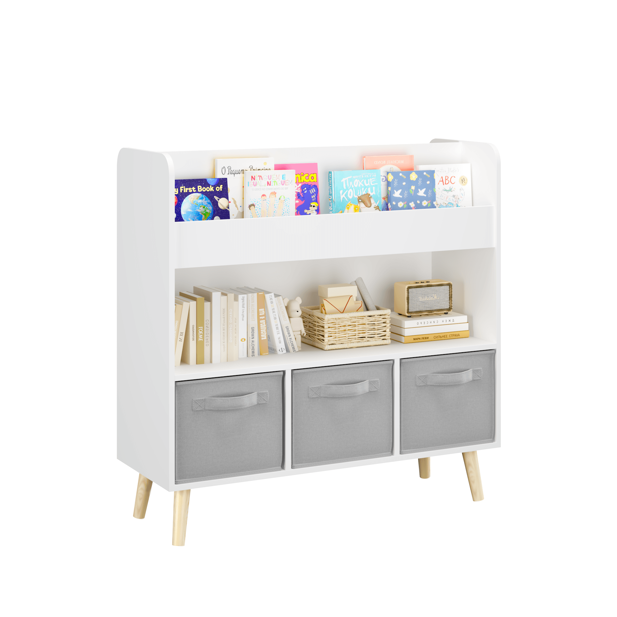 Kids Bookshelf With 3 Fabric Bins, Modern image 16