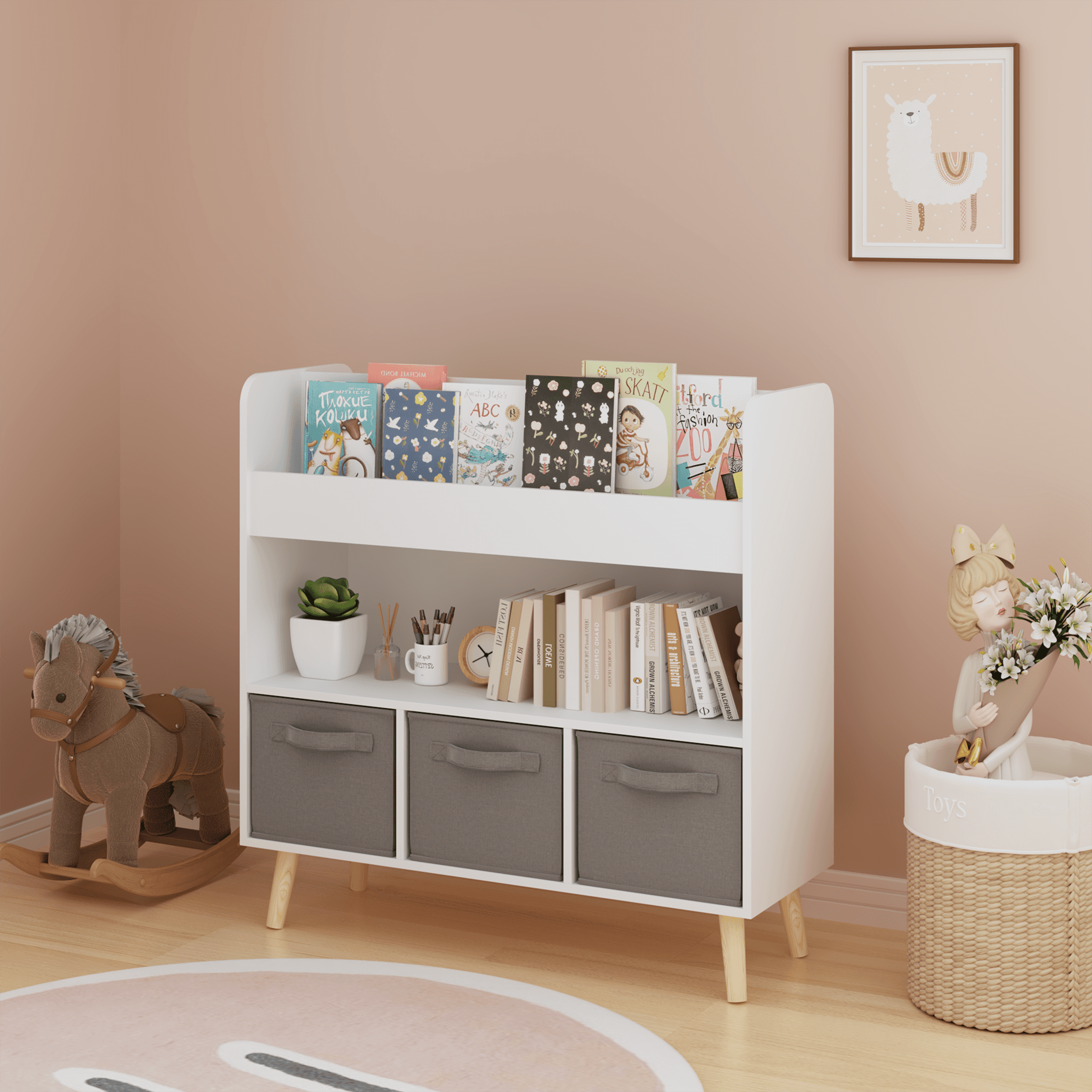 Kids Bookshelf With 3 Fabric Bins, Modern image 3