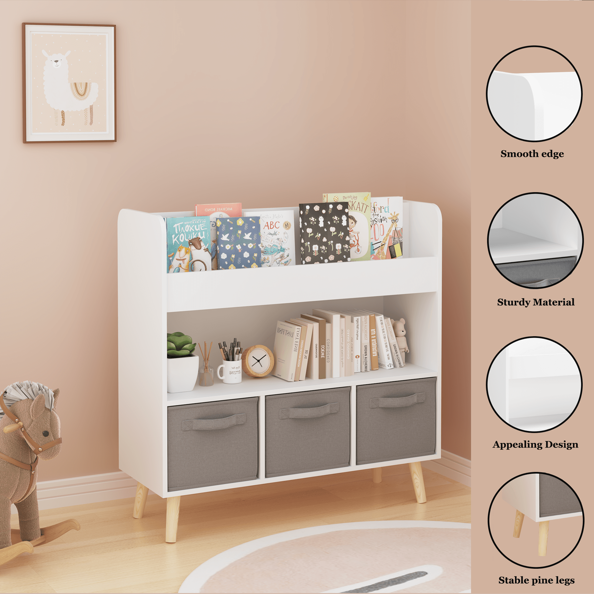Kids Bookshelf With 3 Fabric Bins, Modern image 8