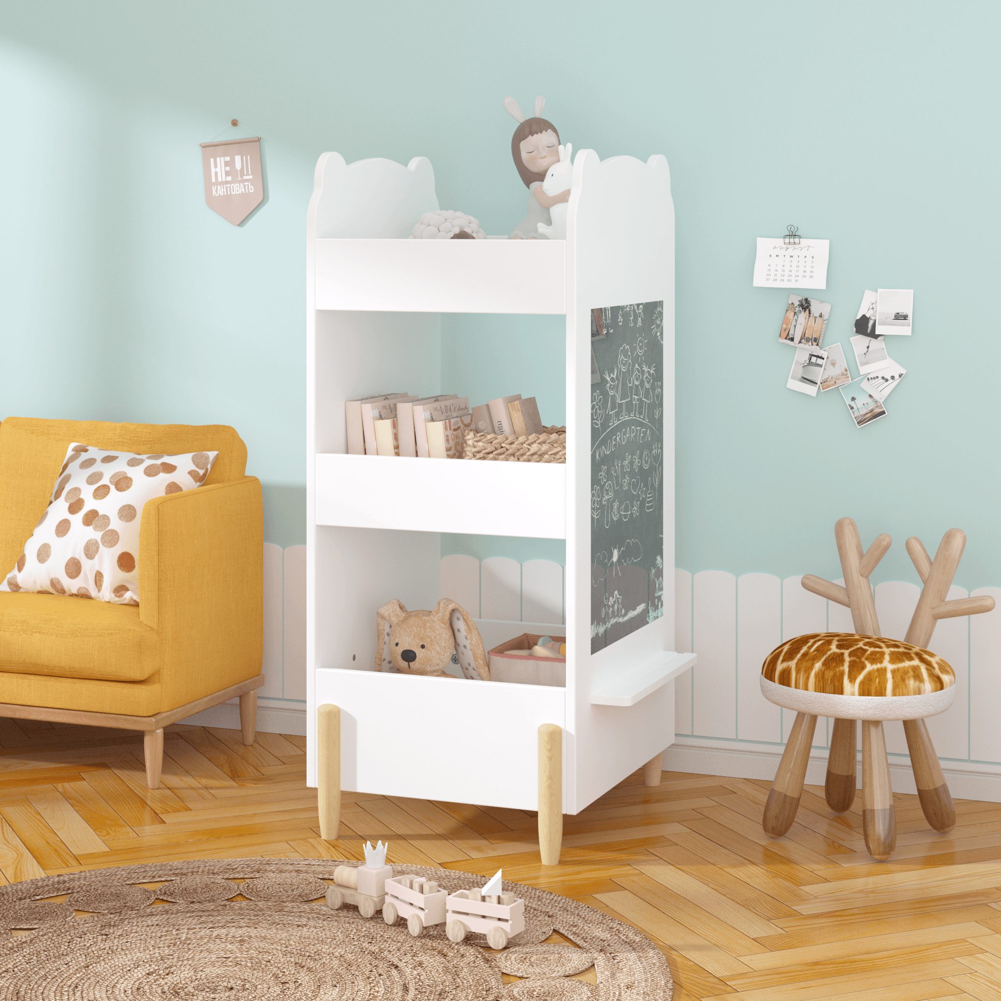 Kids Bookshelf With Chalkboard Side Bear Shaped image 2