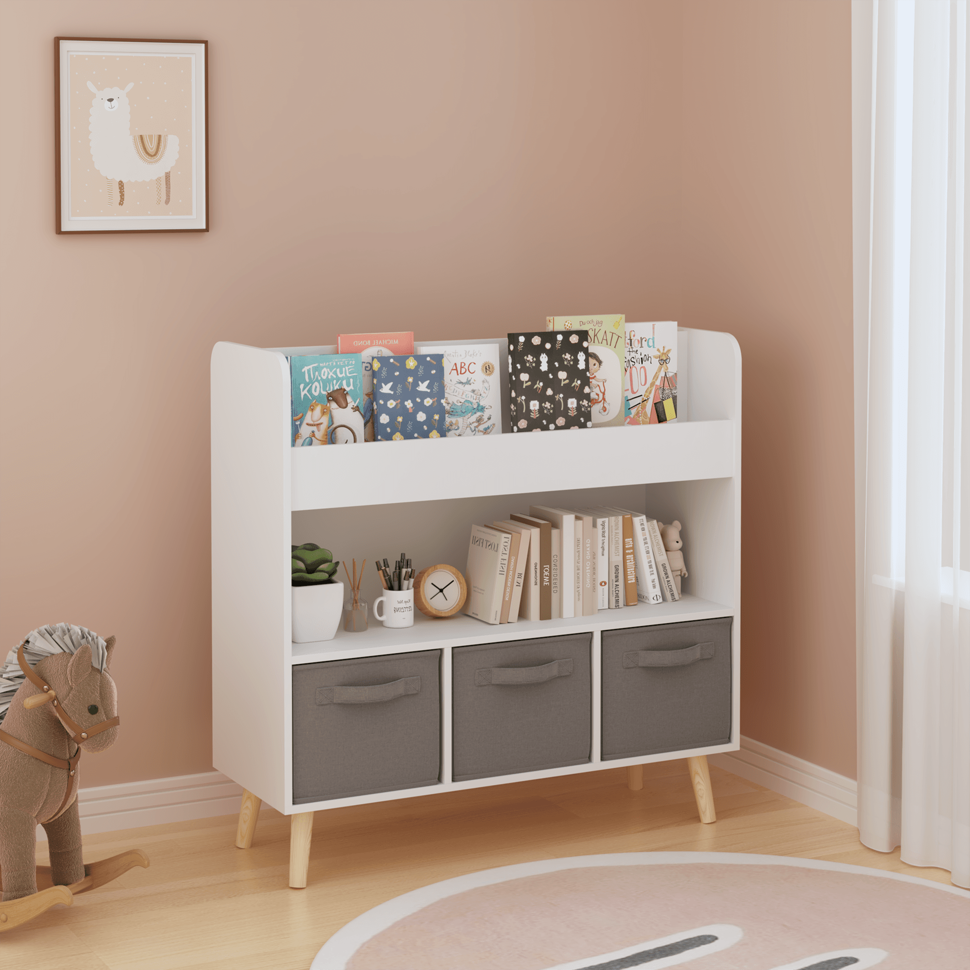 Kids Bookshelf With 3 Fabric Bins, Modern image 19