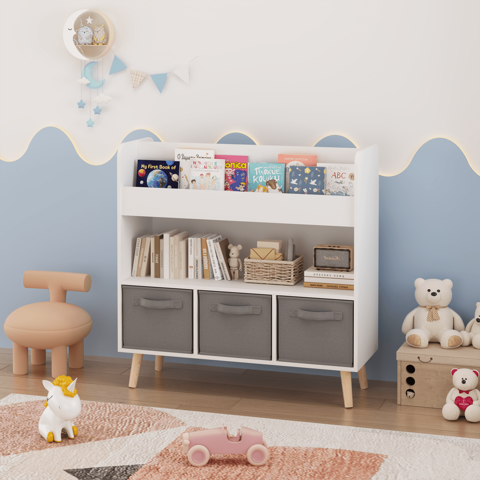 Kids Bookshelf With 3 Fabric Bins, Modern image 7