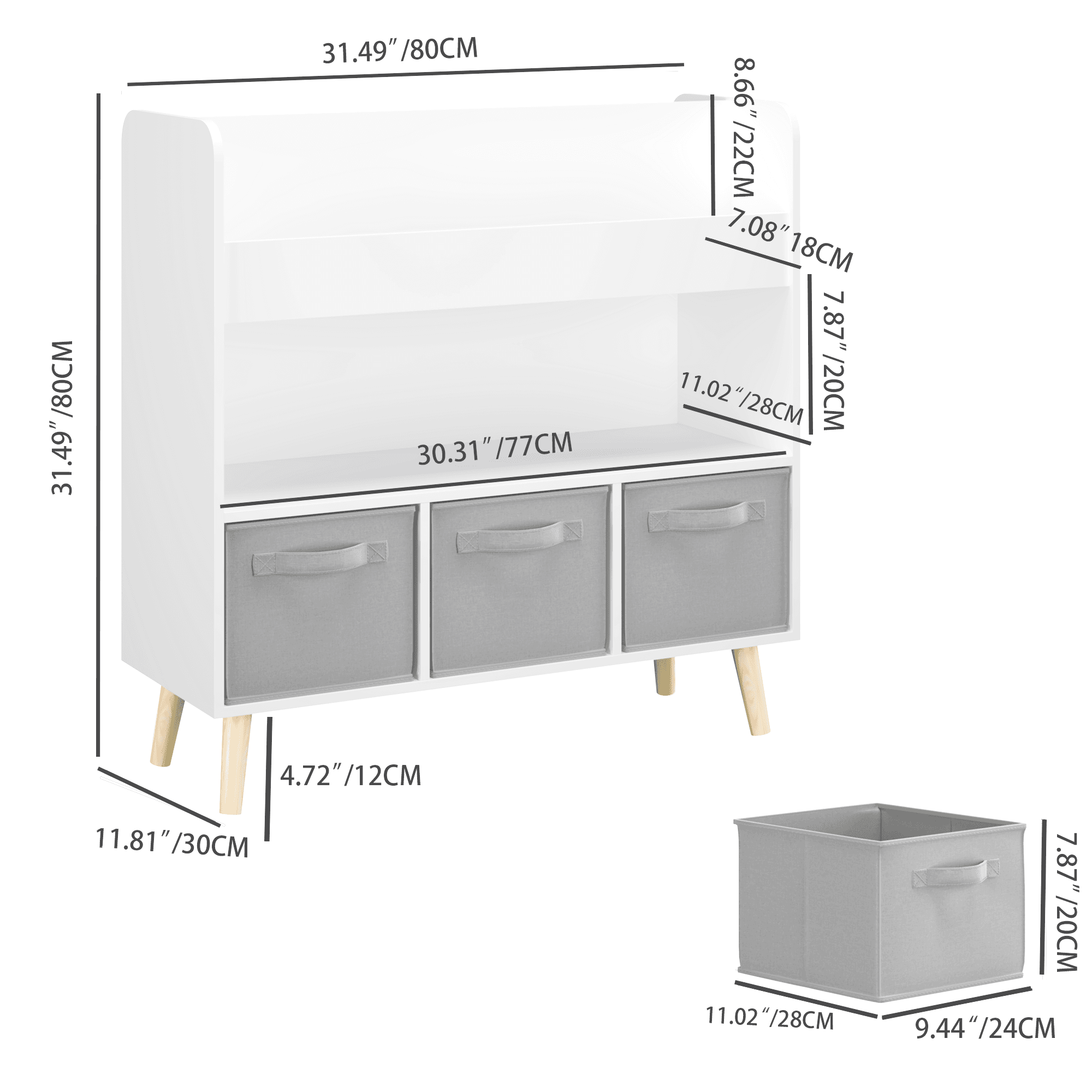 Kids Bookshelf With 3 Fabric Bins, Modern image 12