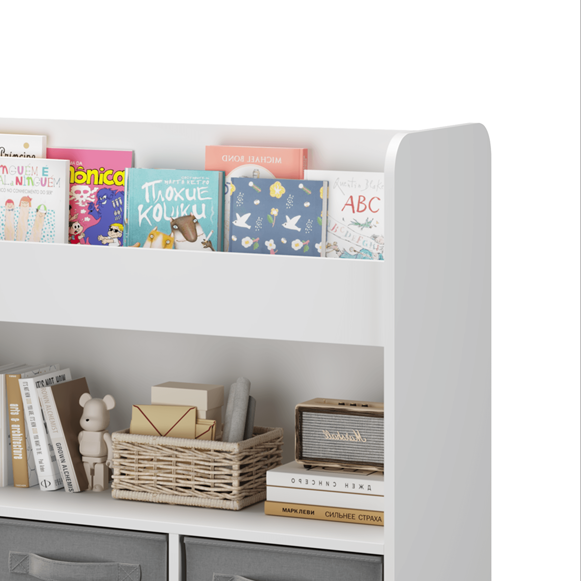 Kids Bookshelf With 3 Fabric Bins, Modern image 13