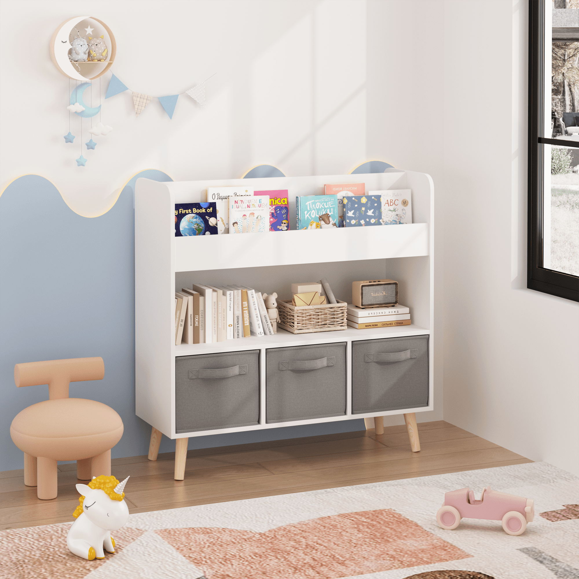 Kids Bookshelf With 3 Fabric Bins, Modern image 5