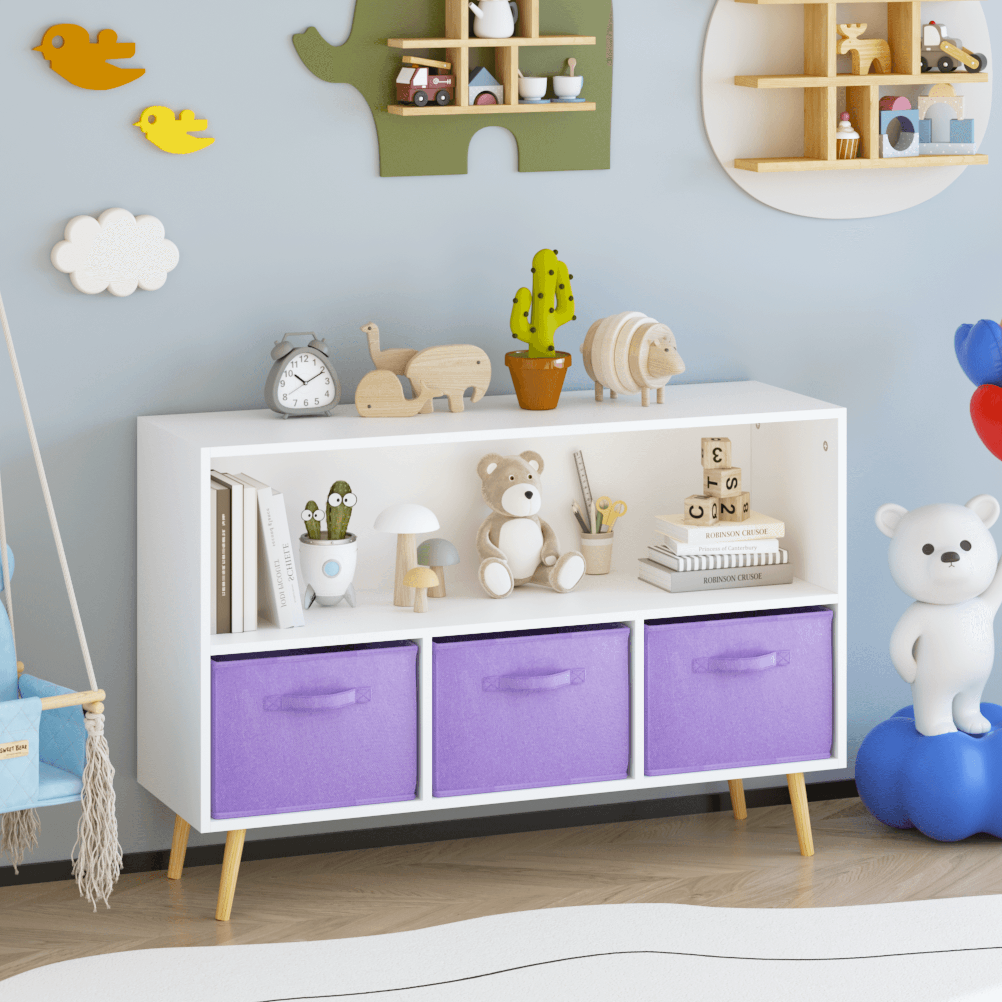 Kids Bookcase With Collapsible Fabric Drawers, Children's Book Display, Toy Storage Cabinet Organizer, White Purple