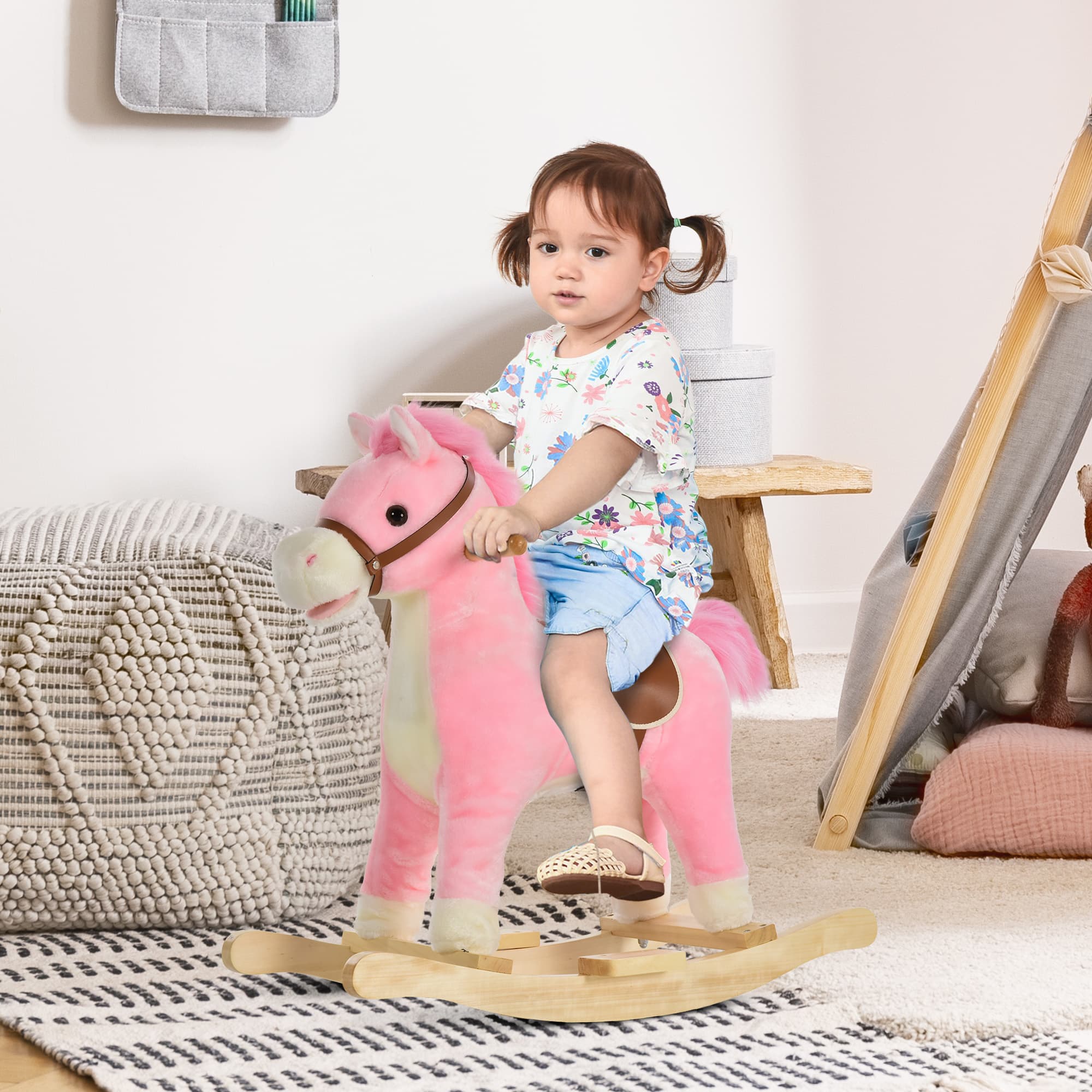 Rocking Horse Plush Animal on Wooden Rockers, Baby Rocking Chair with Sounds, Moving Mouth, Wagging Tail, Pink image 2