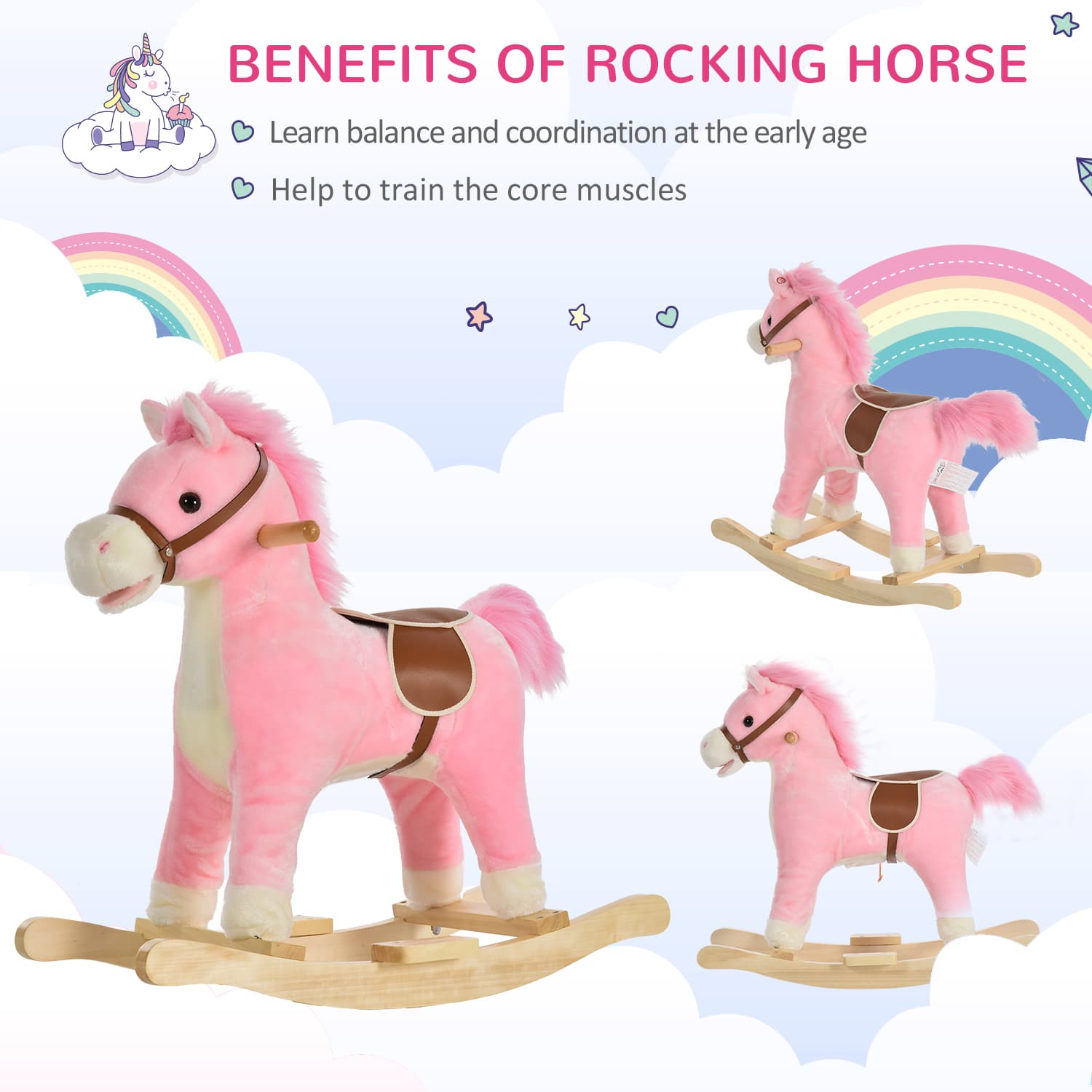 Rocking Horse Plush Animal on Wooden Rockers, Baby Rocking Chair with Sounds, Moving Mouth, Wagging Tail, Pink image 4