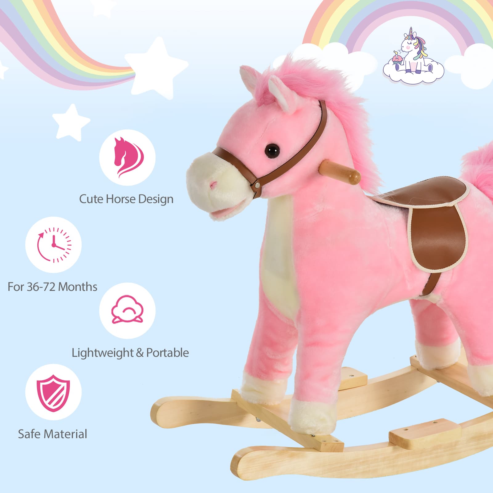 Rocking Horse Plush Animal on Wooden Rockers, Baby Rocking Chair with Sounds, Moving Mouth, Wagging Tail, Pink image 5