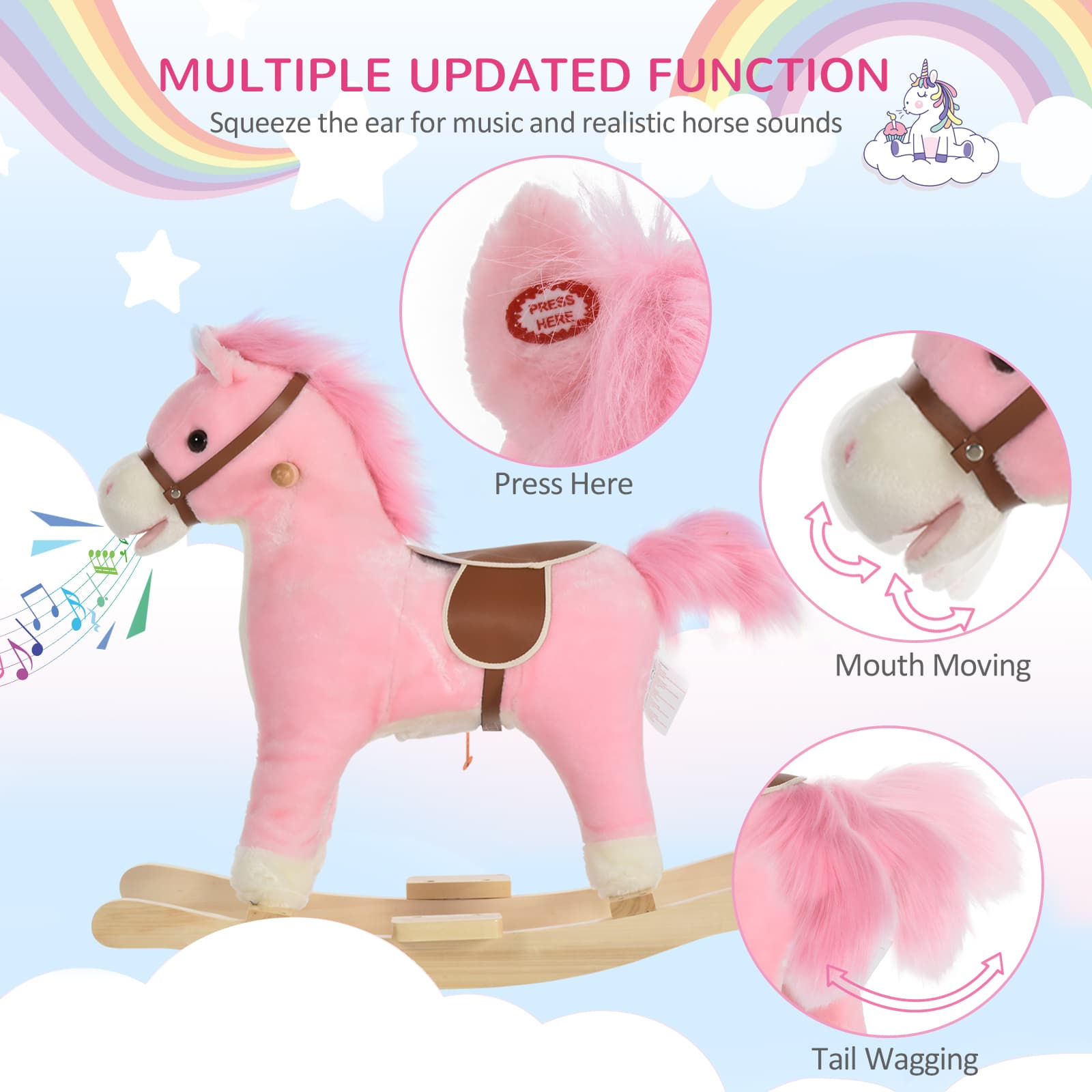 Rocking Horse Plush Animal on Wooden Rockers, Baby Rocking Chair with Sounds, Moving Mouth, Wagging Tail, Pink image 6