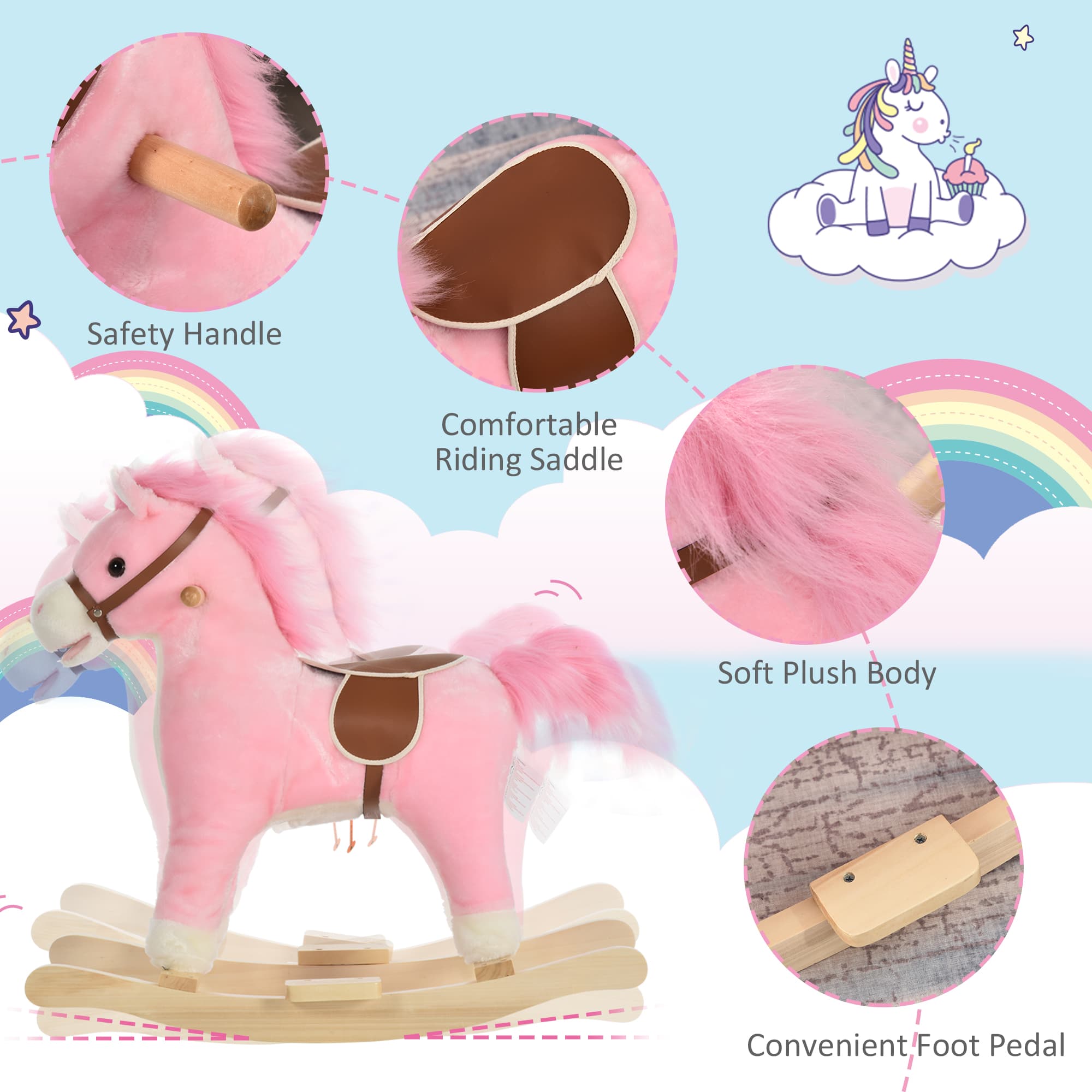 Rocking Horse Plush Animal on Wooden Rockers, Baby Rocking Chair with Sounds, Moving Mouth, Wagging Tail, Pink image 7