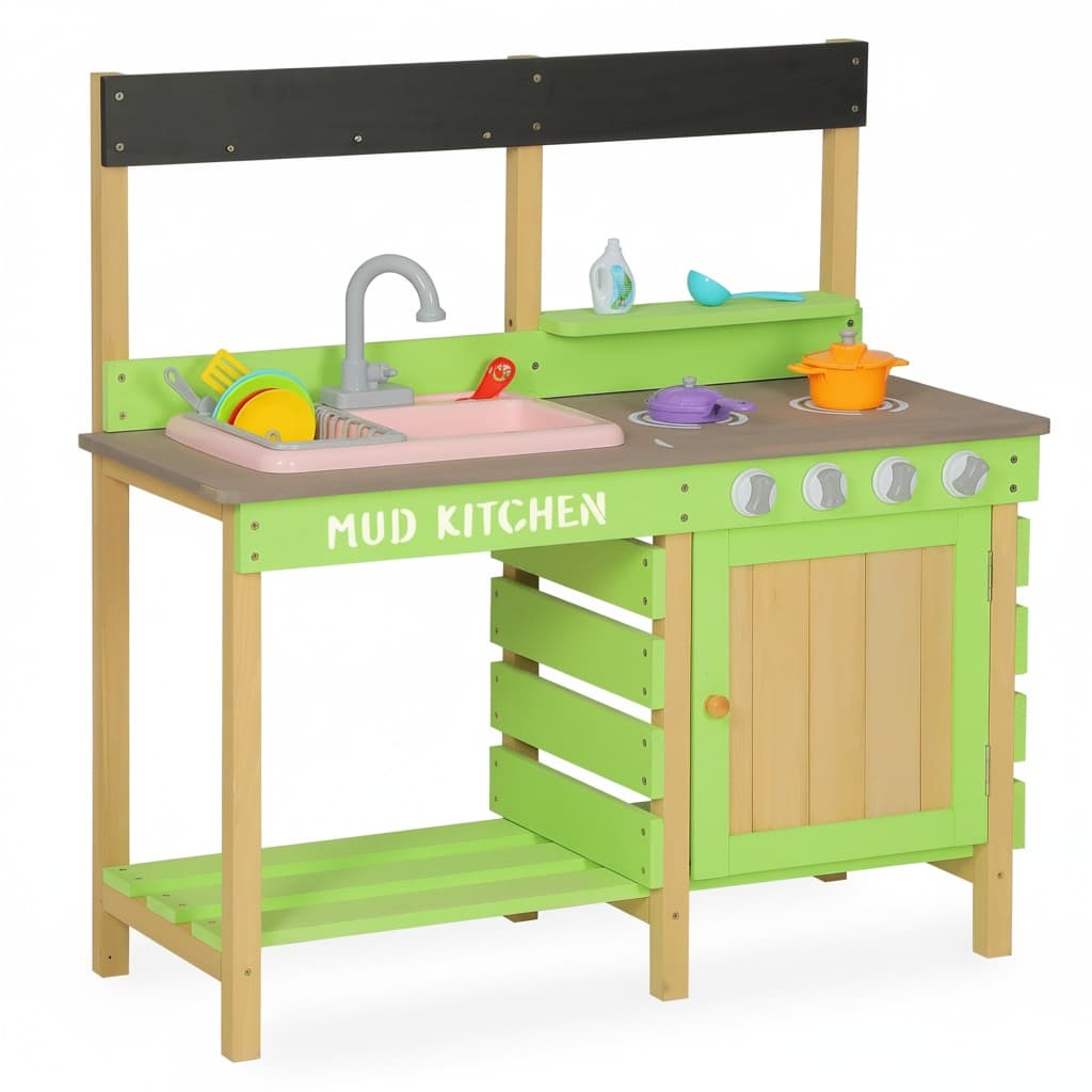 Kids Wooden Mud Kitchen Play Set with Water Station & Cooking Accessories – Outdoor Pretend Play Kitchen for Ages 3–8
