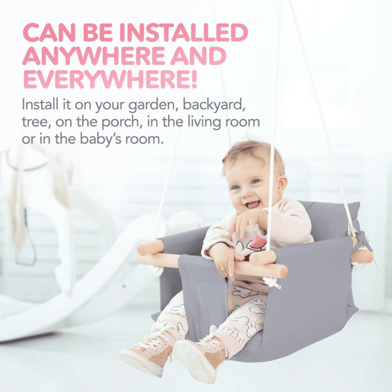 Canvas Baby Swing Wooden Hanging Swing Seat Chair With Safety Belt Durable Baby Swing Chair Outdoor And Indoor Swing For Kids Mounting Hardware Included Taupe Gray image 8