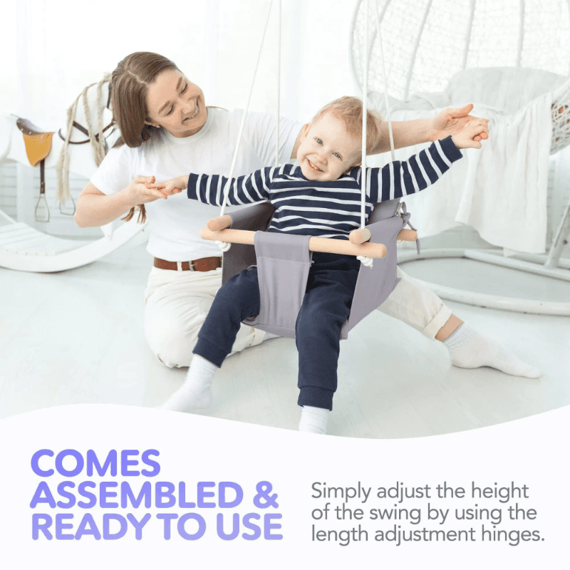 Canvas Baby Swing Wooden Hanging Swing Seat Chair With Safety Belt Durable Baby Swing Chair Outdoor And Indoor Swing For Kids Mounting Hardware Included Taupe Gray image 5
