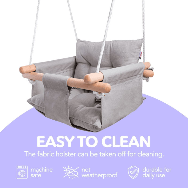 Canvas Baby Swing Wooden Hanging Swing Seat Chair With Safety Belt Durable Baby Swing Chair Outdoor And Indoor Swing For Kids Mounting Hardware Included Taupe Gray image 3