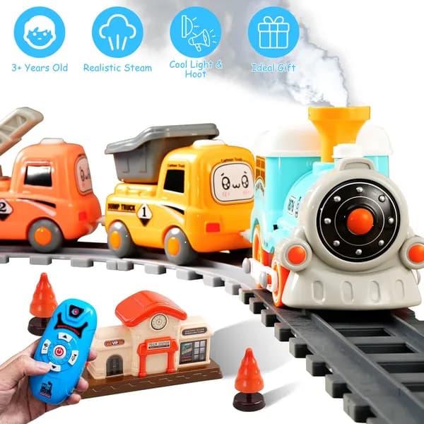 Remote Control Electric Train Set with Smoke, Lights & Sounds – Magnetic Railway Toy with 3 Cargo Cars for Kids Ages 3+