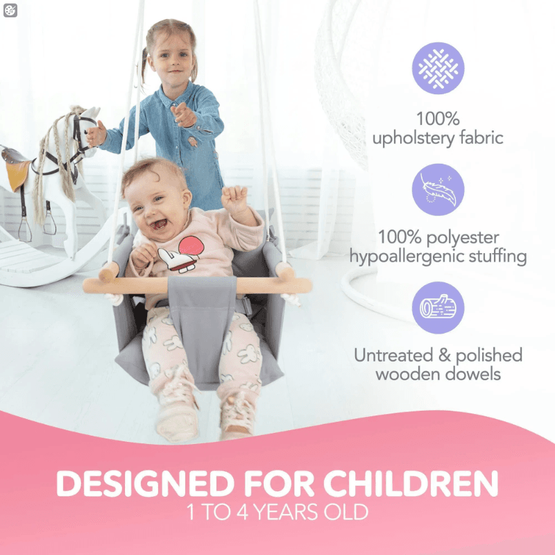 Canvas Baby Swing Wooden Hanging Swing Seat Chair With Safety Belt Durable Baby Swing Chair Outdoor And Indoor Swing For Kids Mounting Hardware Included Taupe Gray image 7