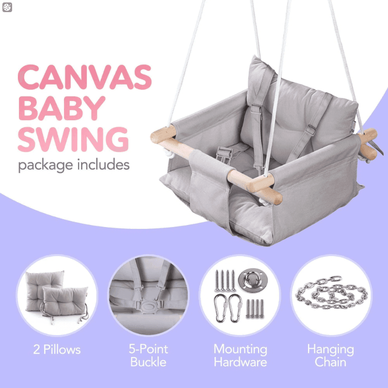 Canvas Baby Swing Wooden Hanging Swing Seat Chair With Safety Belt Durable Baby Swing Chair Outdoor And Indoor Swing For Kids Mounting Hardware Included Taupe Gray image 4