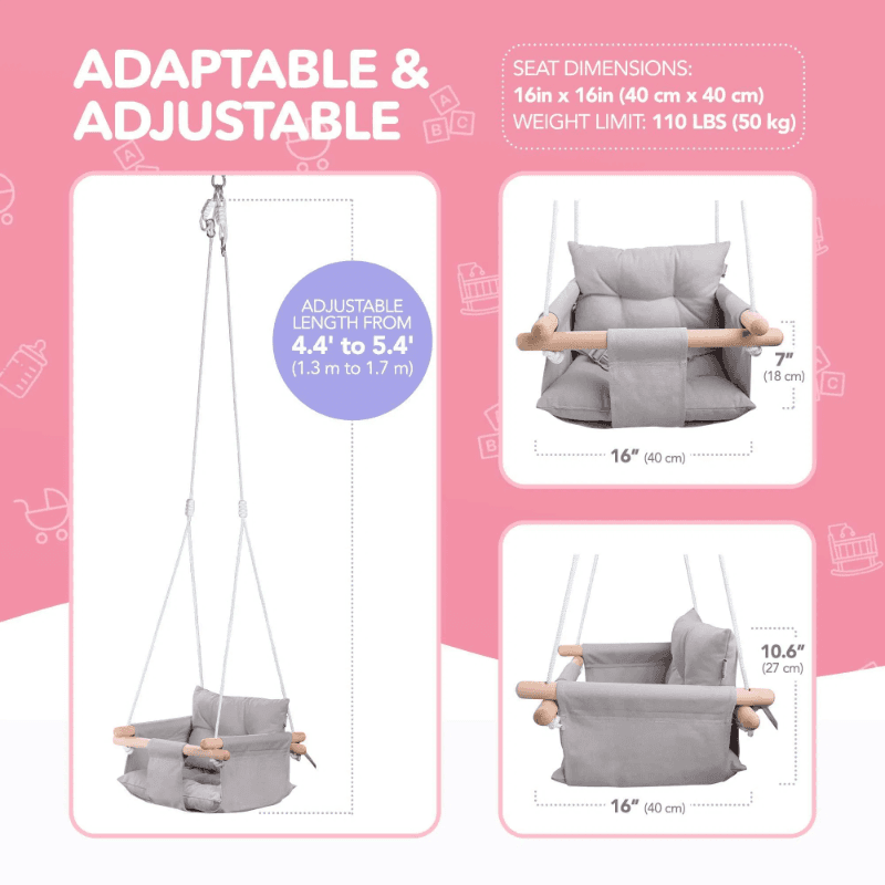 Canvas Baby Swing Wooden Hanging Swing Seat Chair With Safety Belt Durable Baby Swing Chair Outdoor And Indoor Swing For Kids Mounting Hardware Included Taupe Gray image 2