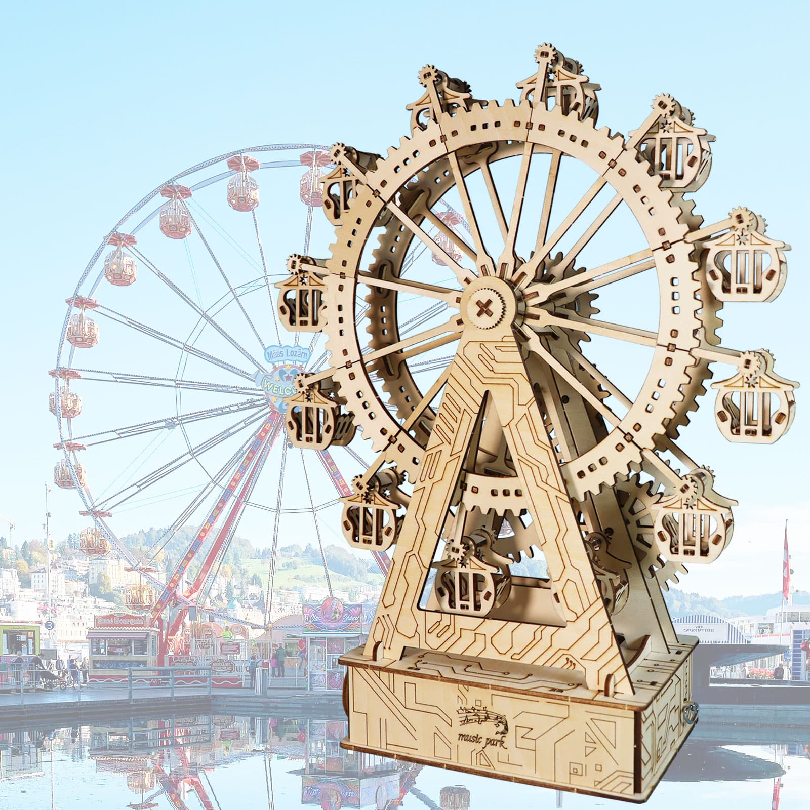 DIY 3D Wooden Ferris Wheel Music Box Puzzle Kit – Mechanical Model Building Set with Rotating Music Box