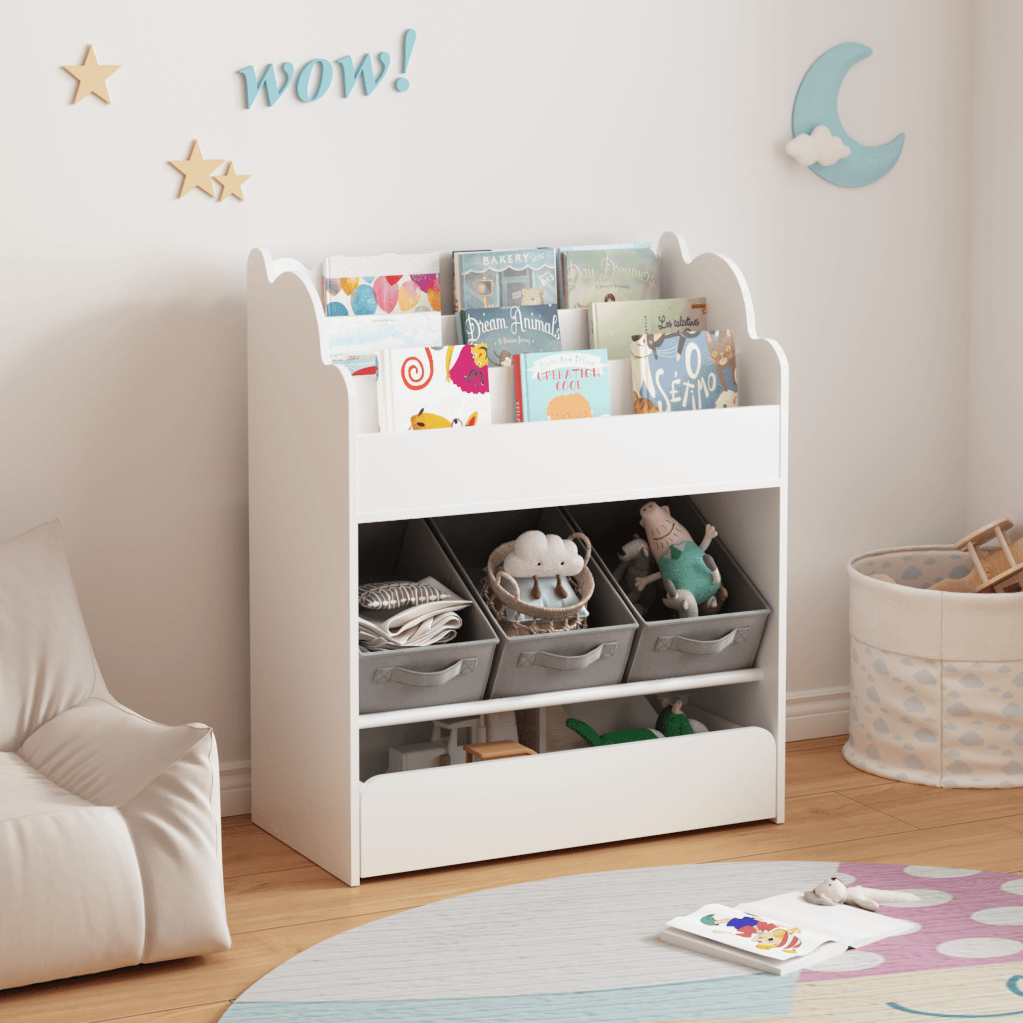Kids Bookshelf With Storage Bins And Drawer image 1