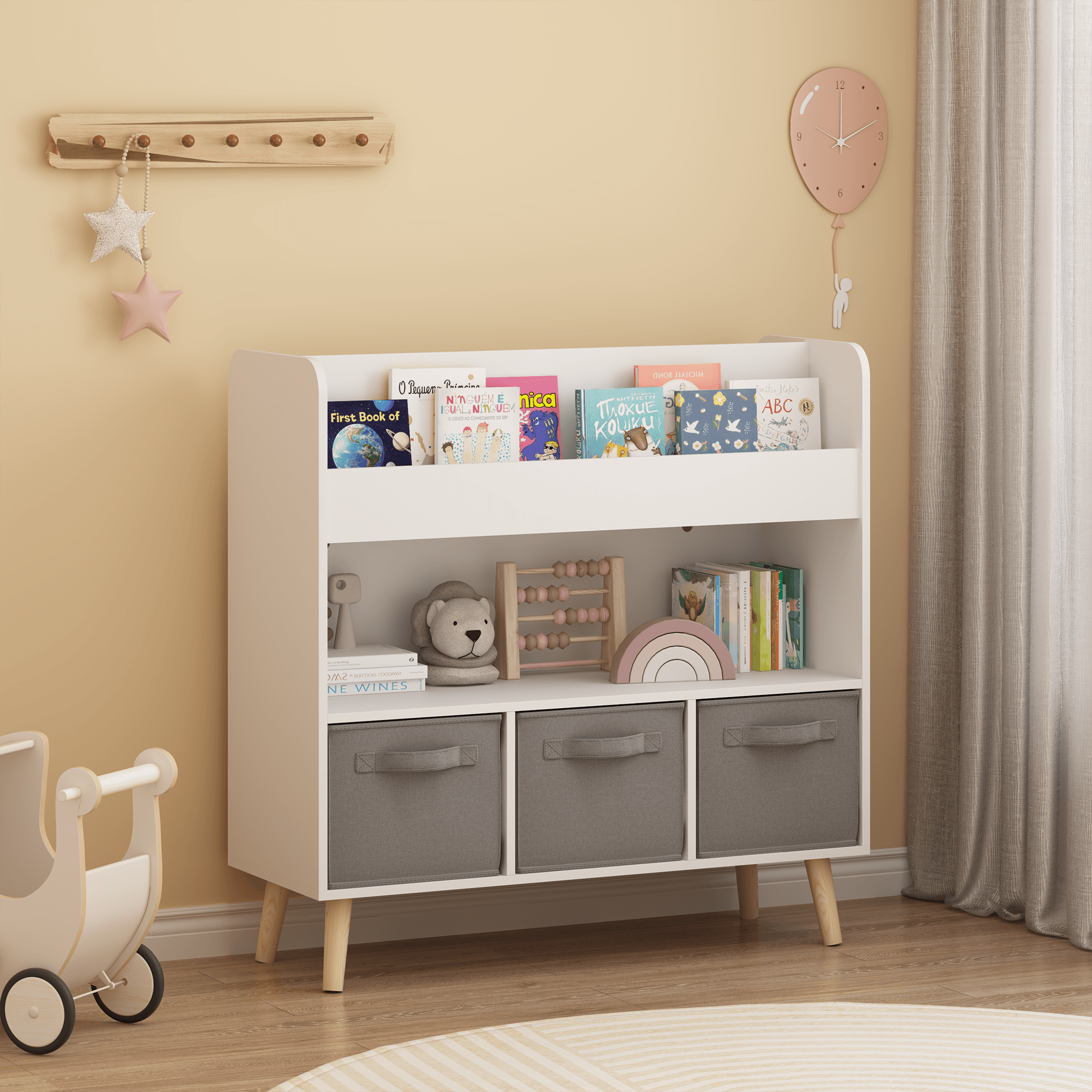 Kids Bookshelf With 3 Fabric Bins, Modern image 1