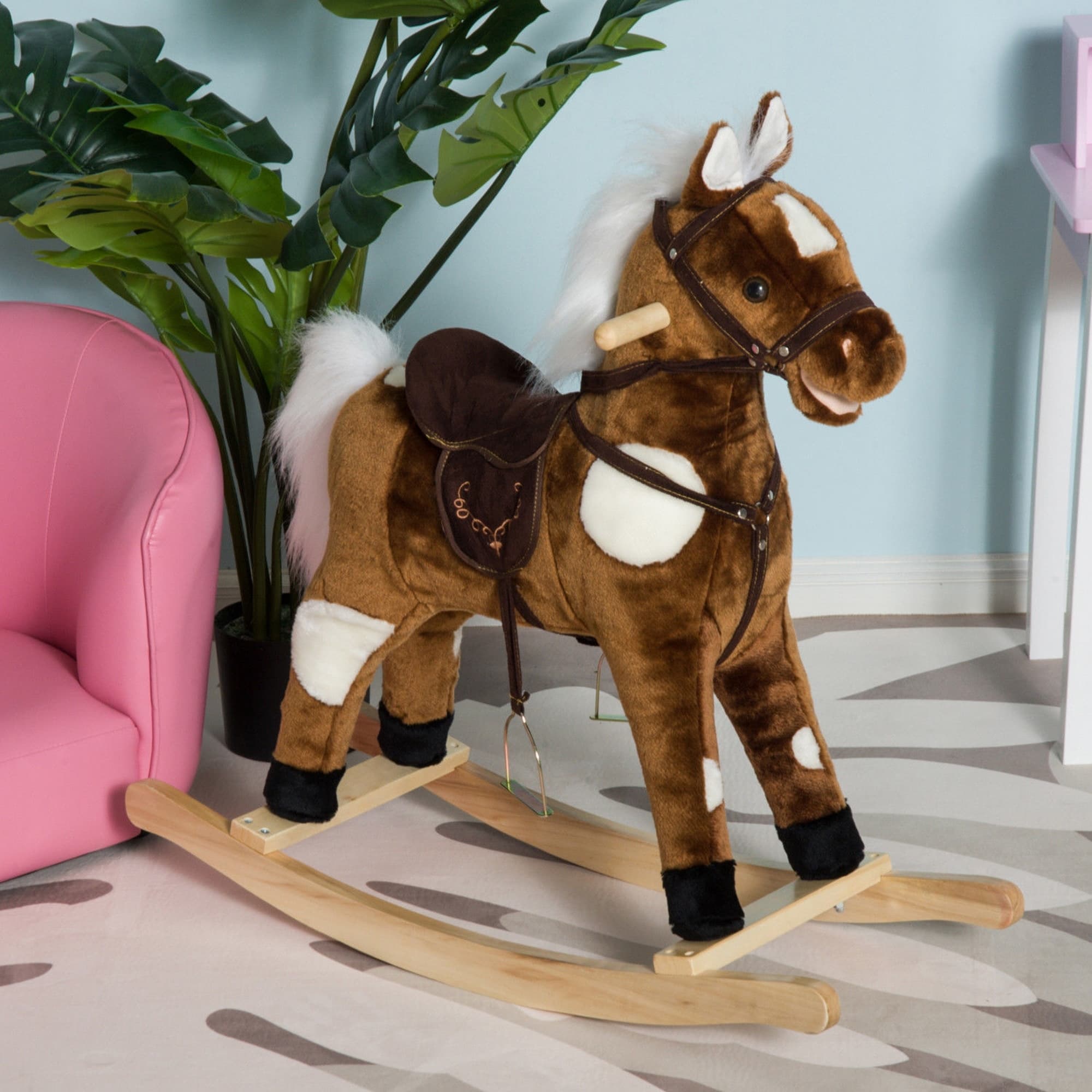 Kids Metal Plush Ride-On Rocking Horse Chair Toy With Nursery Rhyme Music - Dark Brown image 1