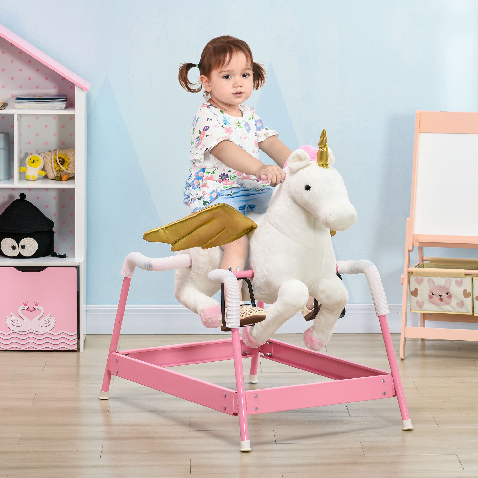 Kids Spring Rocking Horse Unicon, Ride on Horse for Girls and Boys with Sounds, Plush Animal Ride-on Toy with Soft Feel, Interactive Toy for Kids, Pink image 1