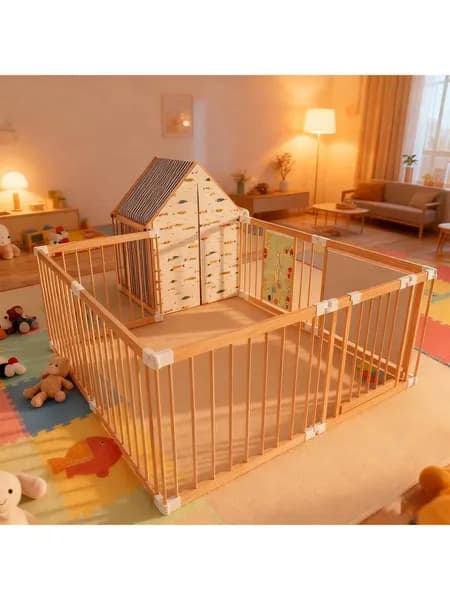 Natural Wood Baby Playpen 10 Panel Foldable image 1