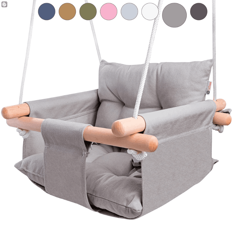 Canvas Baby Swing Wooden Hanging Swing Seat Chair With Safety Belt Durable Baby Swing Chair Outdoor And Indoor Swing For Kids Mounting Hardware Included Taupe Gray image 1