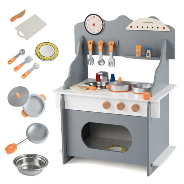 Gray Wooden Toddler Play Kitchen With Sink image 1